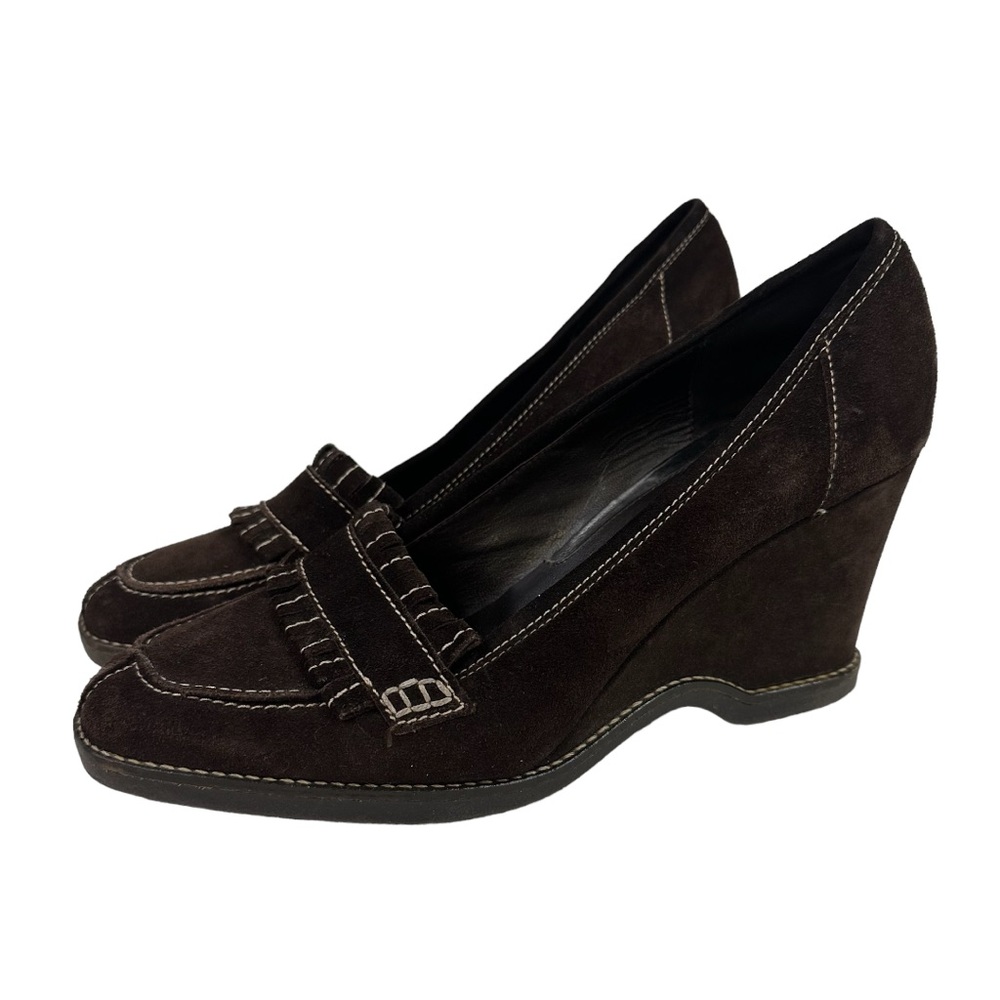 Via Spiga Kiltie Suede Wedge Shoes Dark Brown 9.5